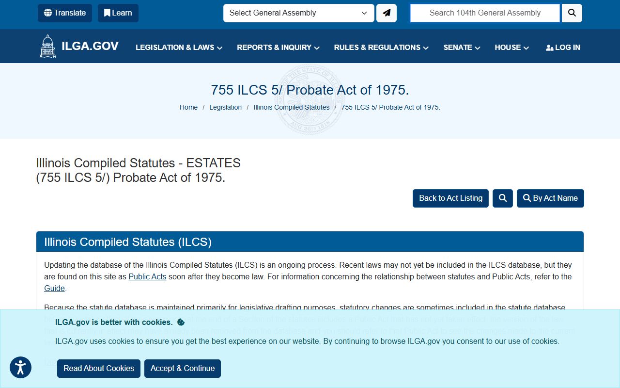 Illinois Probate Act of 1975 statute page for McHenry County probate records