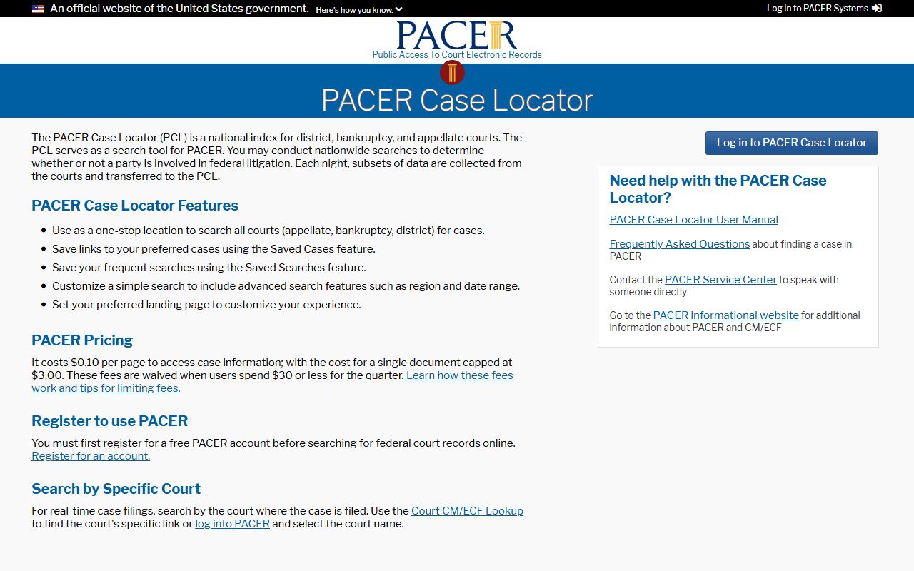 PACER Case Locator for McHenry County released inmates with federal cases